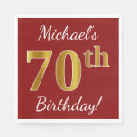 [ Thumbnail: Red, Faux Gold 70th Birthday + Custom Name Napkins ]