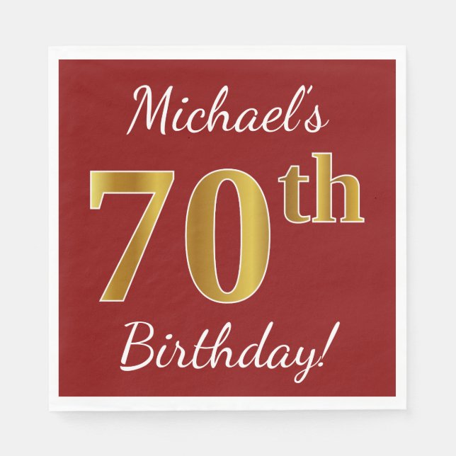 Red, Faux Gold 70th Birthday + Custom Name Paper Napkins (Front)