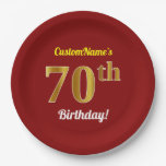 [ Thumbnail: Red, Faux Gold 70th Birthday + Custom Name Paper Plates ]