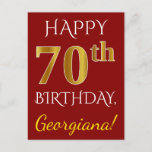 [ Thumbnail: Red, Faux Gold 70th Birthday + Custom Name Postcard ]