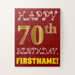 [ Thumbnail: Red, Faux Gold 70th Birthday + Custom Name Puzzle ]