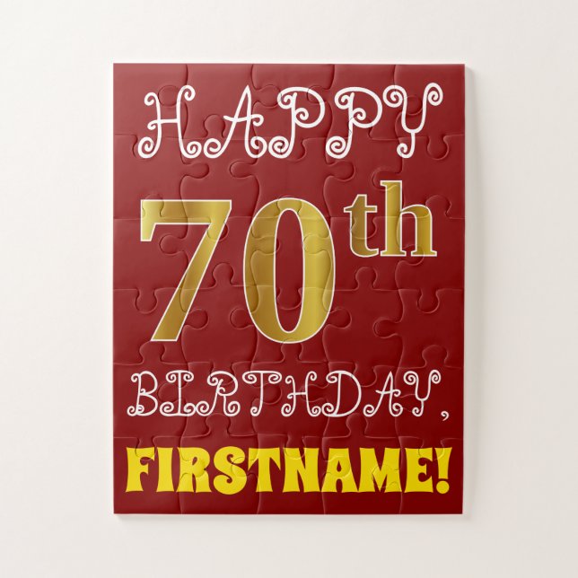 Red, Faux Gold 70th Birthday + Custom Name Puzzle (Vertical)