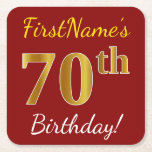 [ Thumbnail: Red, Faux Gold 70th Birthday + Custom Name Paper Coaster ]