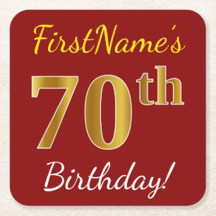 Red, Faux Gold 70th Birthday + Custom Name Square Paper Coaster