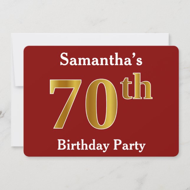 Red, Faux Gold 70th Birthday Party + Custom Name Invitation (Front)