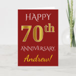 [ Thumbnail: Red, Faux Gold 70th Wedding Anniversary + Name Card ]