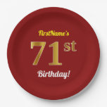 [ Thumbnail: Red, Faux Gold 71st Birthday + Custom Name Paper Plates ]