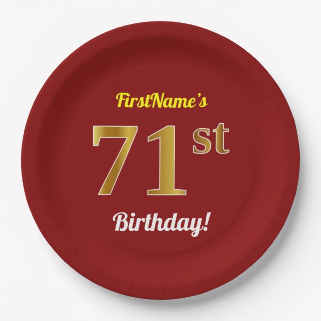 Red, Faux Gold 71st Birthday + Custom Name Paper Plates (Front)