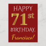 [ Thumbnail: Red, Faux Gold 71st Birthday + Custom Name Postcard ]