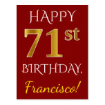 [ Thumbnail: Red, Faux Gold 71st Birthday + Custom Name Postcard ]