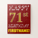 [ Thumbnail: Red, Faux Gold 71st Birthday + Custom Name Puzzle ]