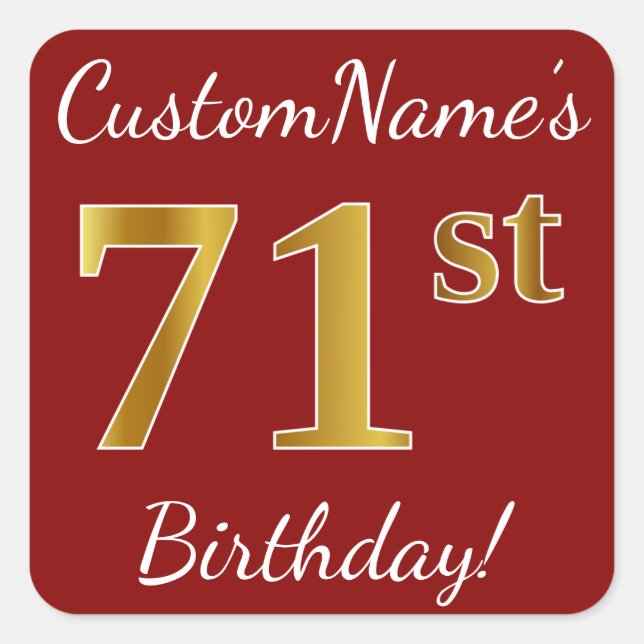 Red, Faux Gold 71st Birthday + Custom Name Sticker (Front)