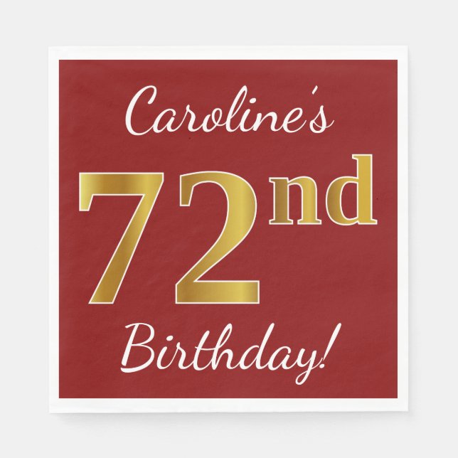 Red, Faux Gold 72nd Birthday + Custom Name Napkins (Front)