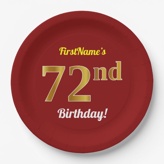 Red, Faux Gold 72nd Birthday + Custom Name Paper Plates (Front)