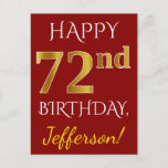 [ Thumbnail: Red, Faux Gold 72nd Birthday + Custom Name Postcard ]