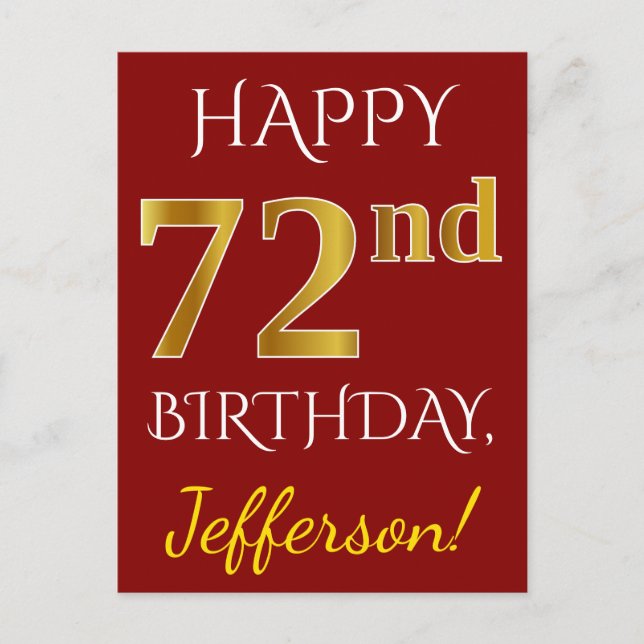 Red, Faux Gold 72nd Birthday + Custom Name Postcard (Front)
