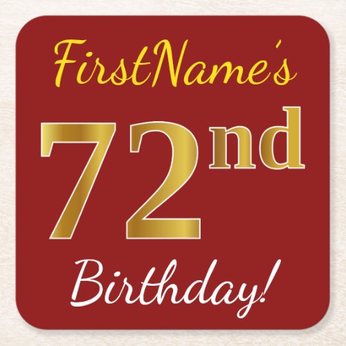Red Faux Gold 72nd Birthday  Custom Name Square Paper Coaster