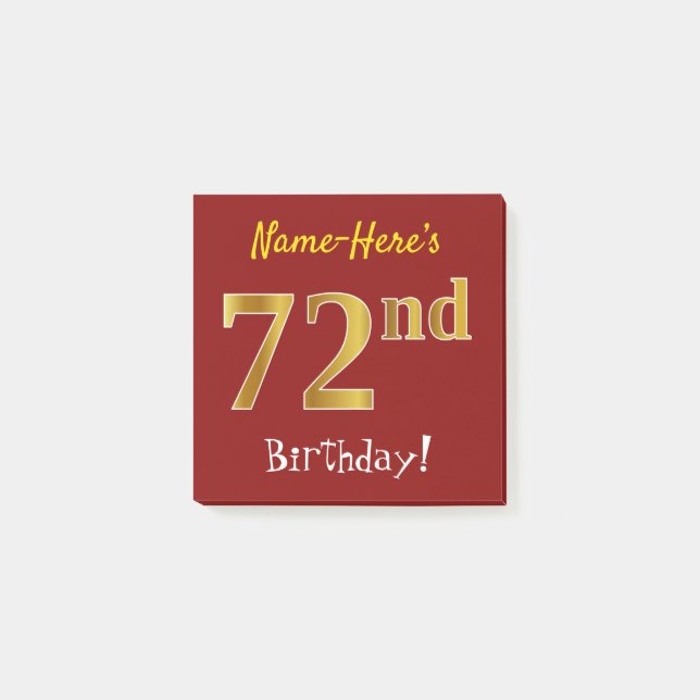 Red, Faux Gold 72nd Birthday, With Custom Name Post-it Notes (Front)