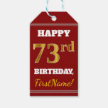 [ Thumbnail: Red, Faux Gold 73rd Birthday + Custom Name Gift Tags ]