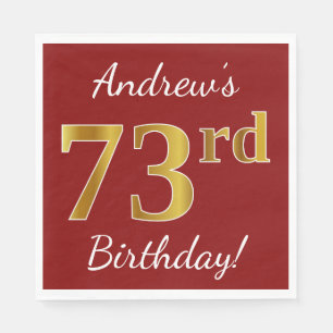 Red, Faux Gold 73rd Birthday + Custom Name Paper Napkins