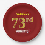 [ Thumbnail: Red, Faux Gold 73rd Birthday + Custom Name Paper Plates ]