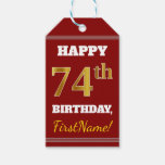 [ Thumbnail: Red, Faux Gold 74th Birthday + Custom Name Gift Tags ]