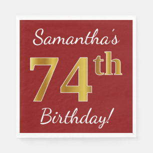 Red, Faux Gold 74th Birthday + Custom Name Napkins