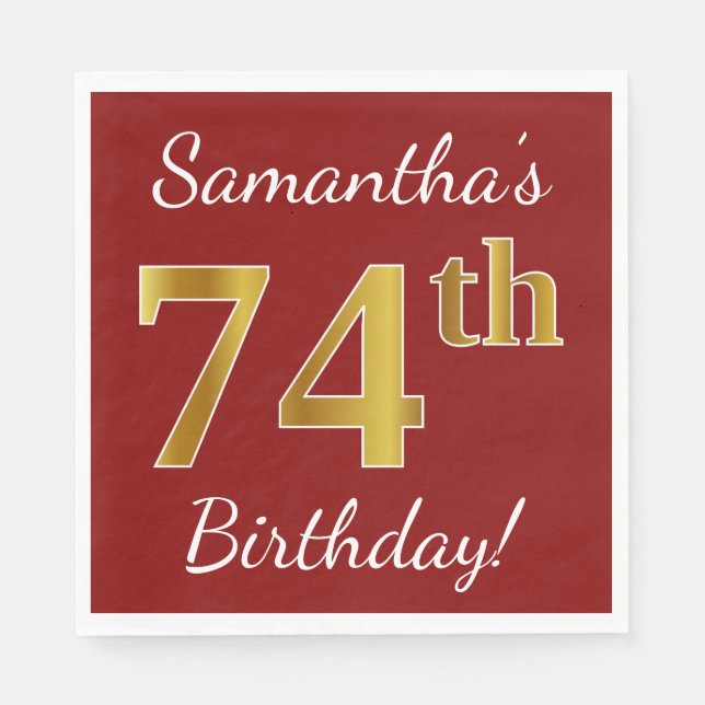 Red, Faux Gold 74th Birthday + Custom Name Napkins (Front)