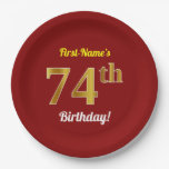 [ Thumbnail: Red, Faux Gold 74th Birthday + Custom Name Paper Plates ]