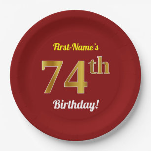Red, Faux Gold 74th Birthday + Custom Name Paper Plates