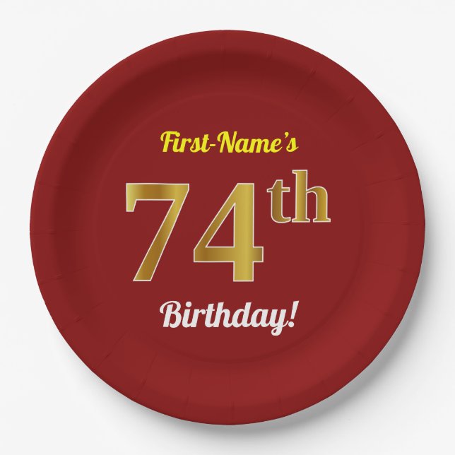 Red, Faux Gold 74th Birthday + Custom Name Paper Plates (Front)
