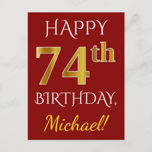 Red Faux Gold 74th Birthday  Custom Name Postcard