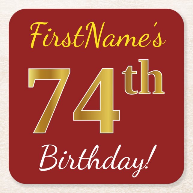 Red, Faux Gold 74th Birthday + Custom Name Square Paper Coaster (Front)