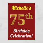[ Thumbnail: Red, Faux Gold 75th Birthday Celebration + Name Invitation ]