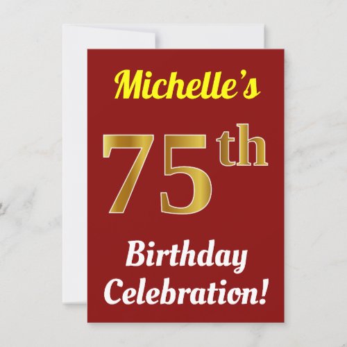 Red Faux Gold 75th Birthday Celebration  Name Invitation