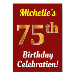 [ Thumbnail: Red, Faux Gold 75th Birthday Celebration + Name Invitation ]