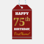 [ Thumbnail: Red, Faux Gold 75th Birthday + Custom Name Gift Tags ]