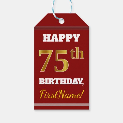Red Faux Gold 75th Birthday  Custom Name Gift Tags