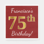 [ Thumbnail: Red, Faux Gold 75th Birthday + Custom Name Paper Napkin ]