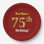 [ Thumbnail: Red, Faux Gold 75th Birthday + Custom Name Paper Plates ]
