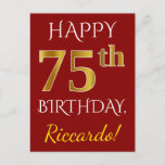 [ Thumbnail: Red, Faux Gold 75th Birthday + Custom Name Postcard ]