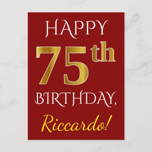 Red Faux Gold 75th Birthday  Custom Name Postcard