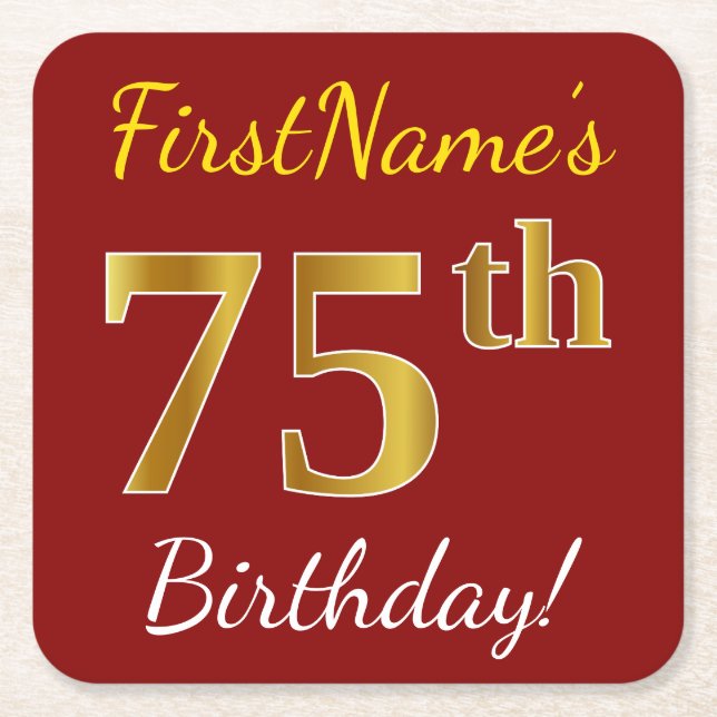 Red, Faux Gold 75th Birthday + Custom Name Square Paper Coaster (Front)