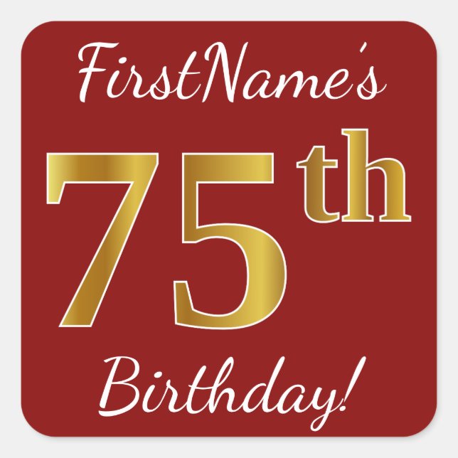 Red, Faux Gold 75th Birthday + Custom Name Sticker (Front)