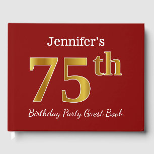Red, Faux Gold 75th Birthday Party + Custom Name Guest Book