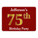 [ Thumbnail: Red, Faux Gold 75th Birthday Party + Custom Name Invitation ]