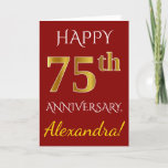 [ Thumbnail: Red, Faux Gold 75th Wedding Anniversary + Name Card ]