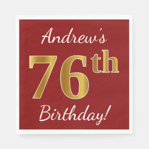 Red, Faux Gold 76th Birthday + Custom Name Napkins