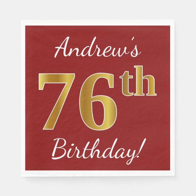 Red, Faux Gold 76th Birthday + Custom Name Napkins (Front)