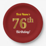 [ Thumbnail: Red, Faux Gold 76th Birthday + Custom Name Paper Plates ]